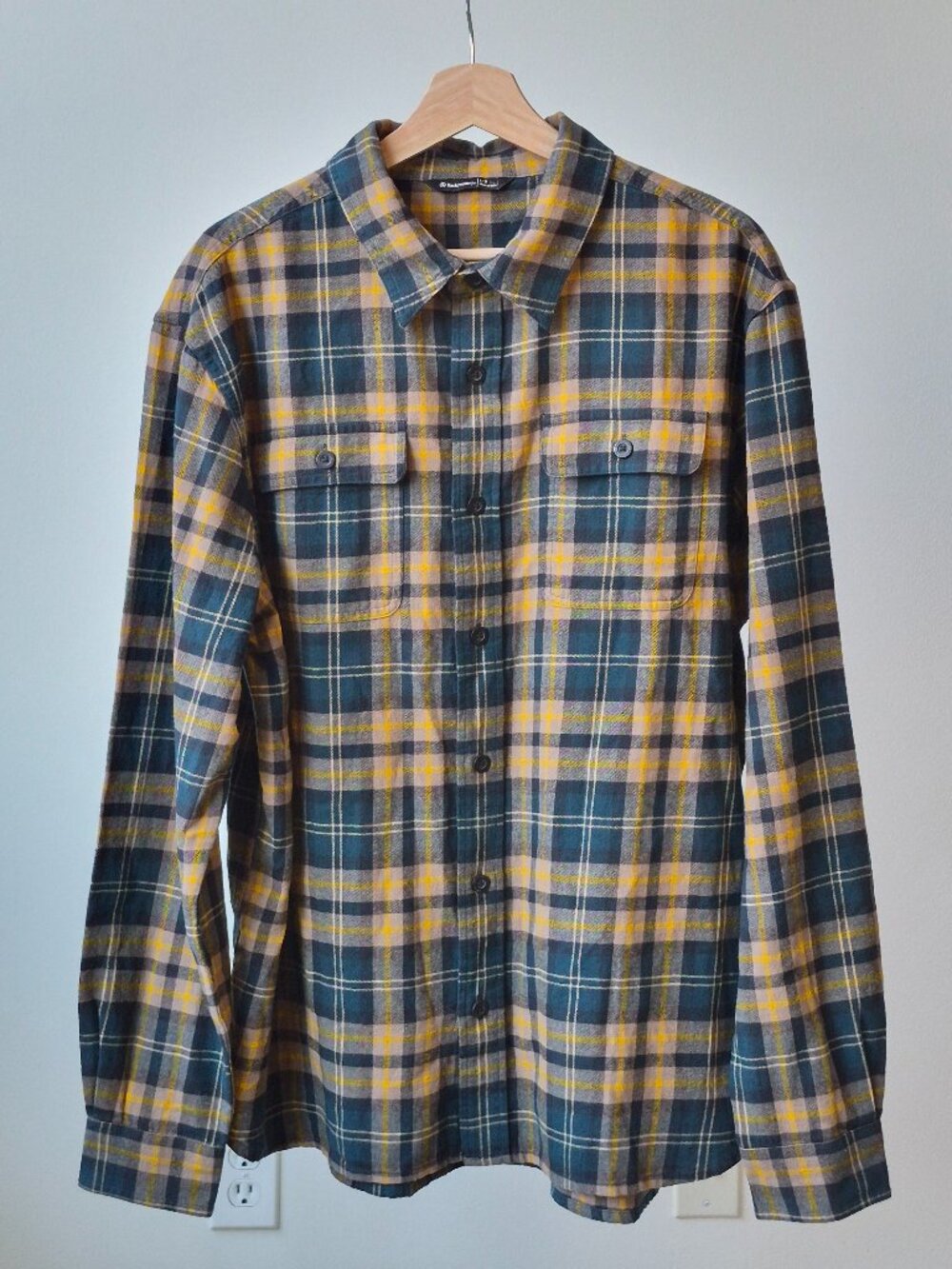Backcountry Flannel Shirt Men's Large Green Yellow Plaid Button Up Outdoor
